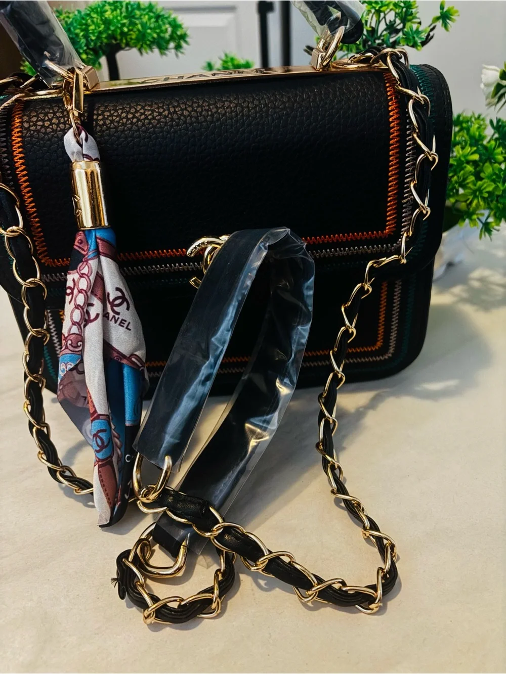 Source Unknown Black Satchel with Multicolor Stitching and Scarf Accent